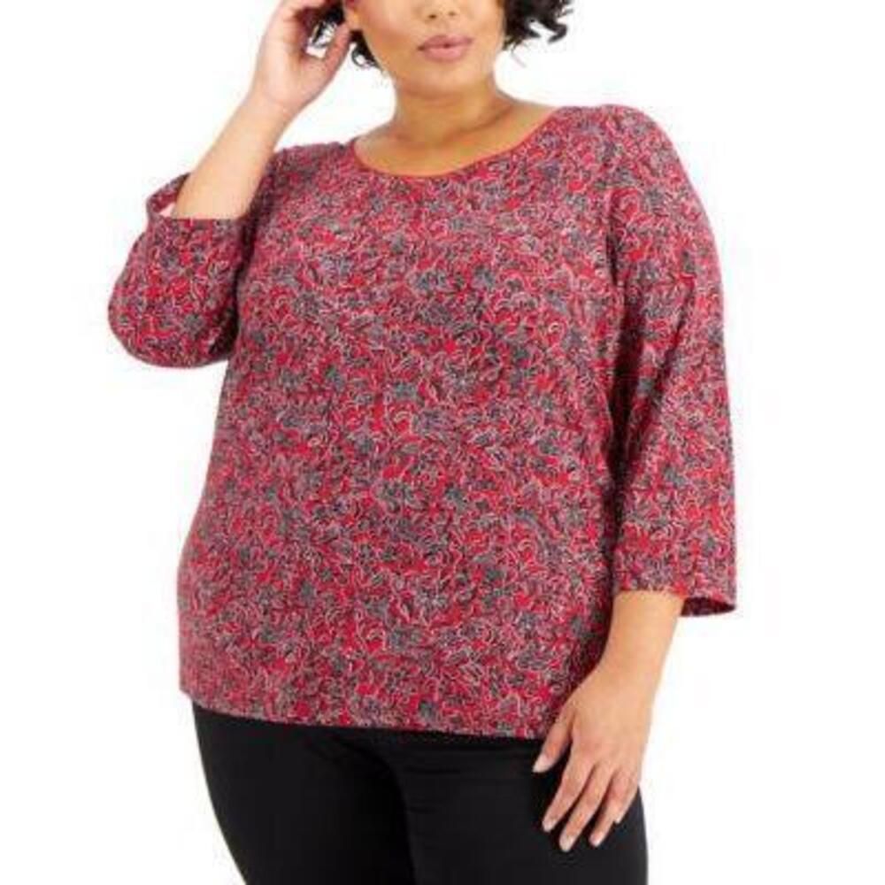NWT Karen Scott Plus Top 3/4-Sleeve Plus Size Red 0X